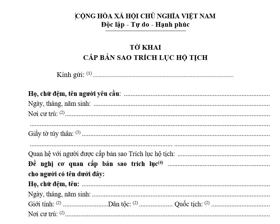 Tờ khai đề nghị bản sao Trích lục hộ tịch