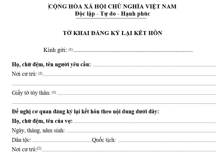 Tờ khai đăng ký lại kết hôn mới nhất