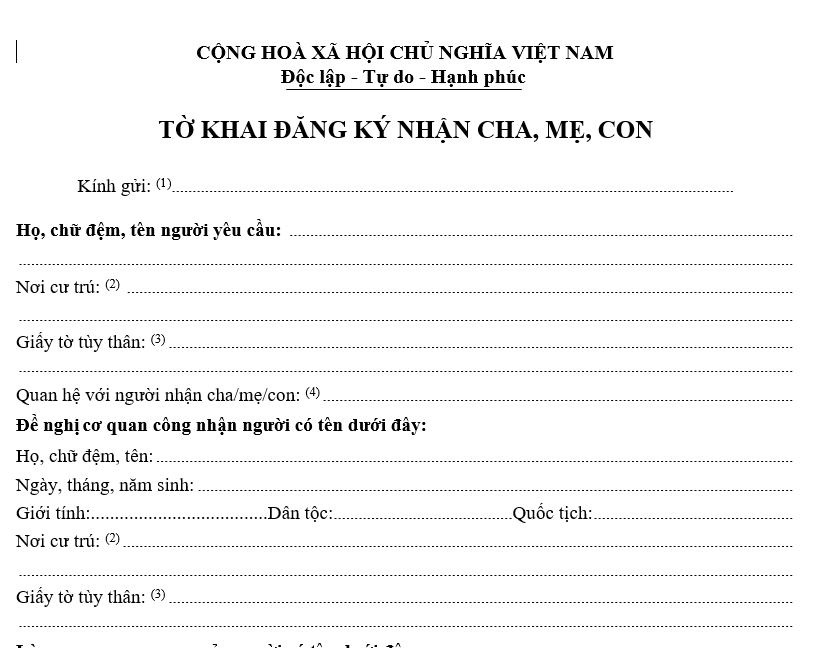 Tờ khai đăng ký đăng ký nhận cha, mẹ, con
