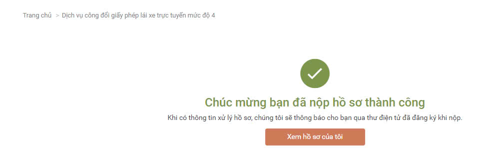 nộp hồ sơ thành công có thông báo