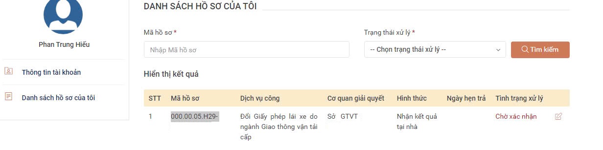 bảng thông báo nộp hồ sơ thành công