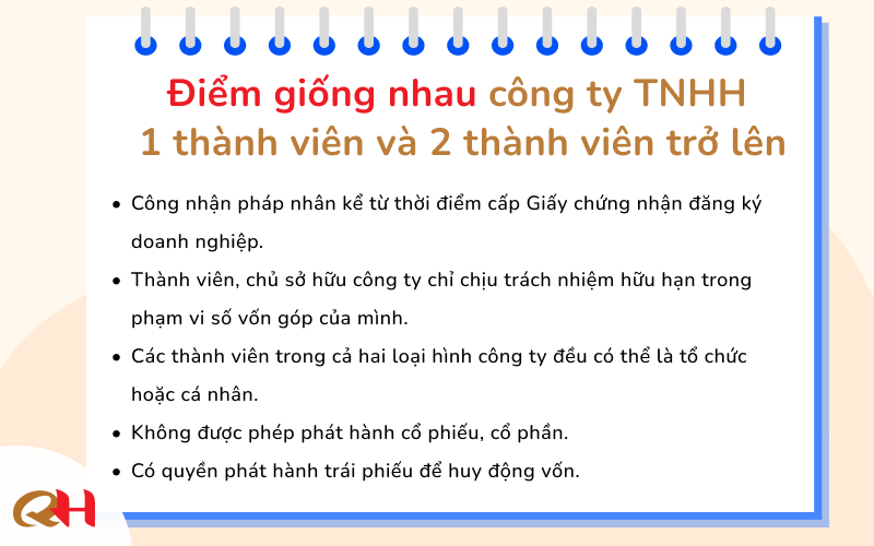 Điểm giống nhau công ty TNHH 1 thành viên và 2 thành viên trở lên