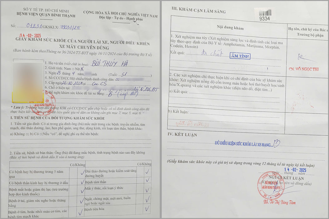 giấy khám sức khỏe lái xe