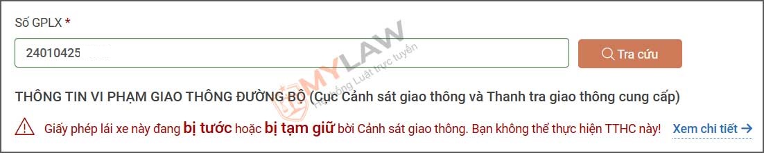lỗi tra cứu không nộp được hồ sơ khi bằng lái bị tạm giữ